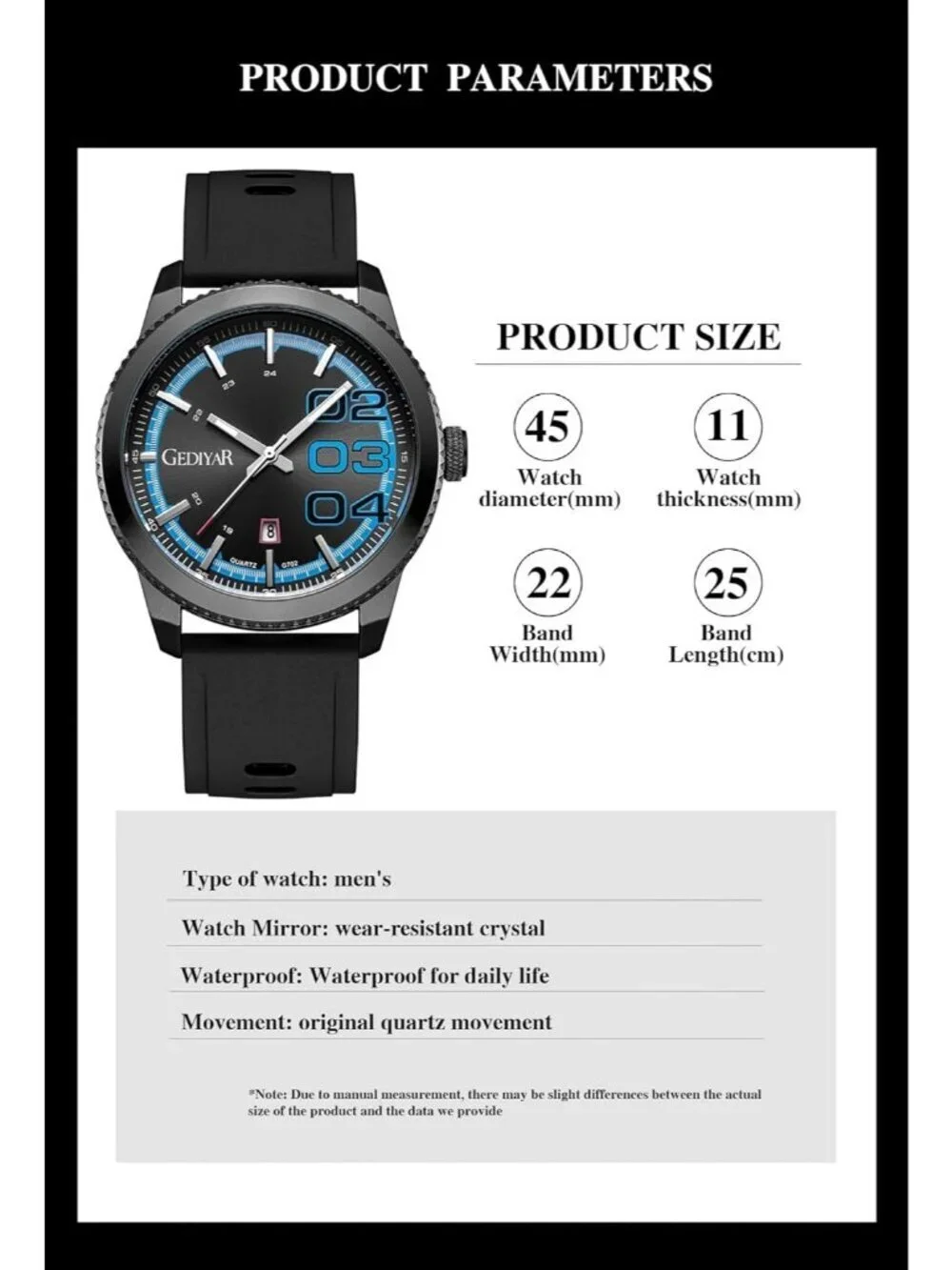 Men's Black And Blue Analog Quartz Silicone Band Waterproof Luminous Wrist Watch